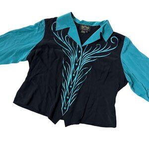 Vintage Bob Mackie Wearable Art Shirt Silk Western 90s Blouse Teal Black 1X READ